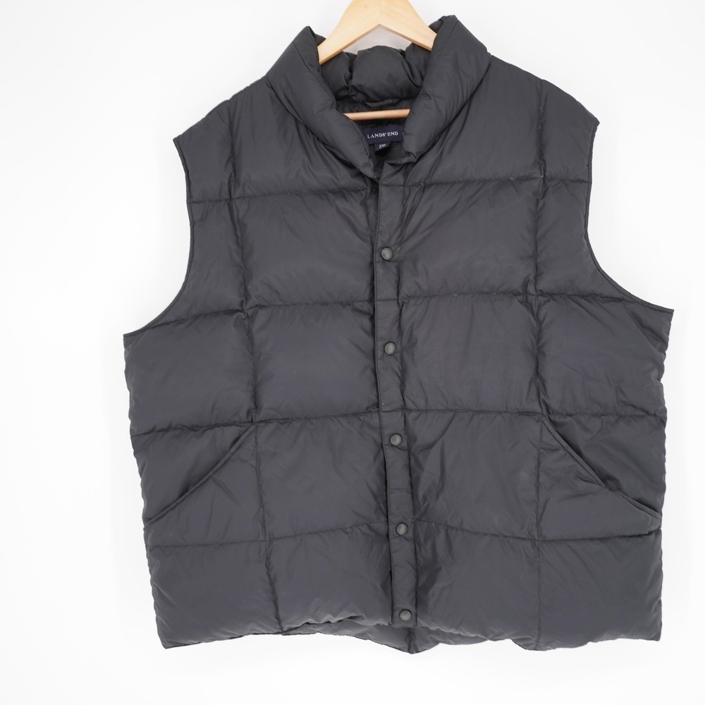Lands' End Vest Mens 2XL Black Puffer Quilted Down Snap Insulated Stand-Up Gorp